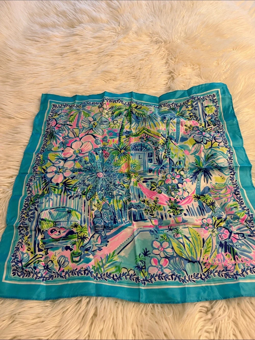 Lilly Pulitzer Tropical Floral Silk-Feel Scarf in Turquoise and Pink 100% silk